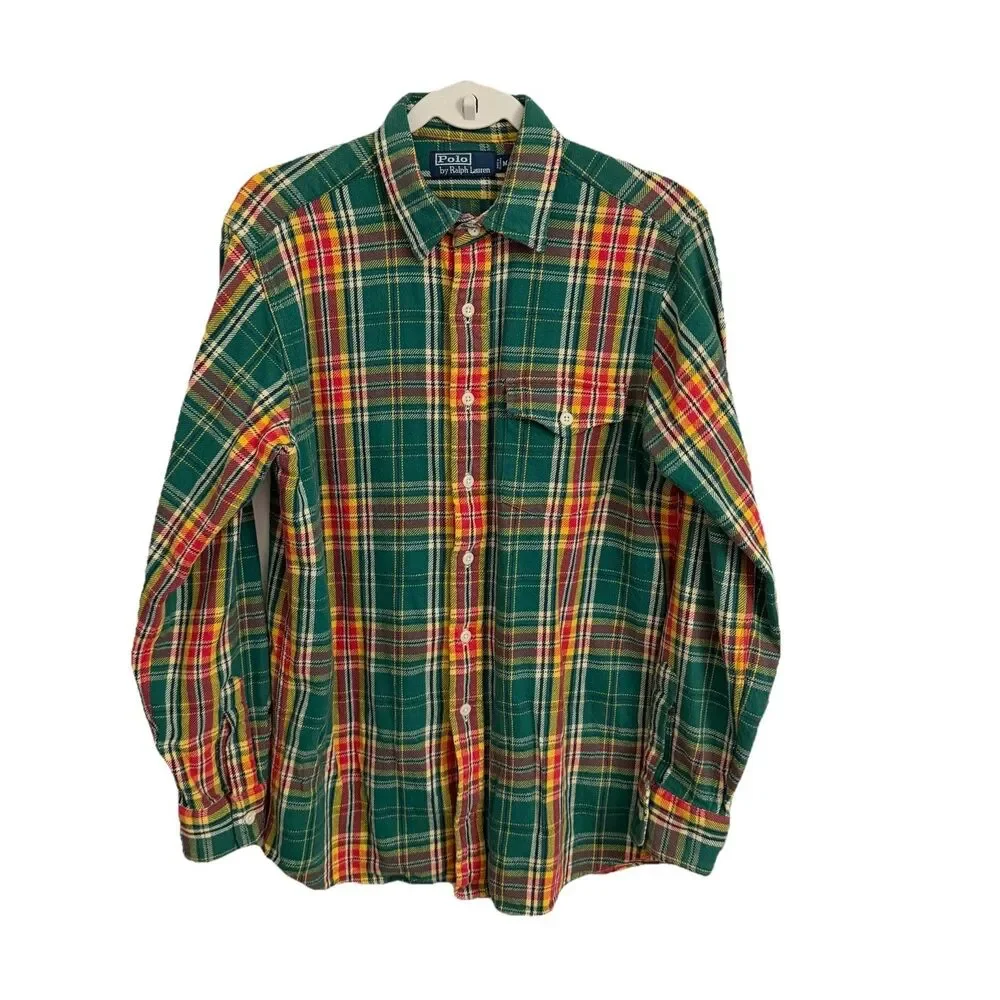 Polo Ralph Lauren Flannel Shirt Mens Medium Green Plaid Longsleeve 90s Vintage